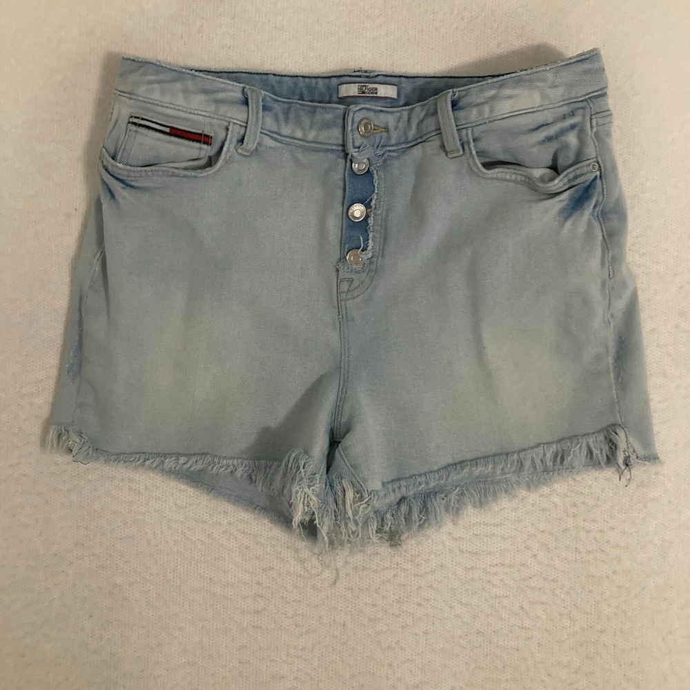 Tommy Hilfiger Denim Jorts Shorts Womens‎ Size 14 Distressed Fringe Raw Hem Y2K
